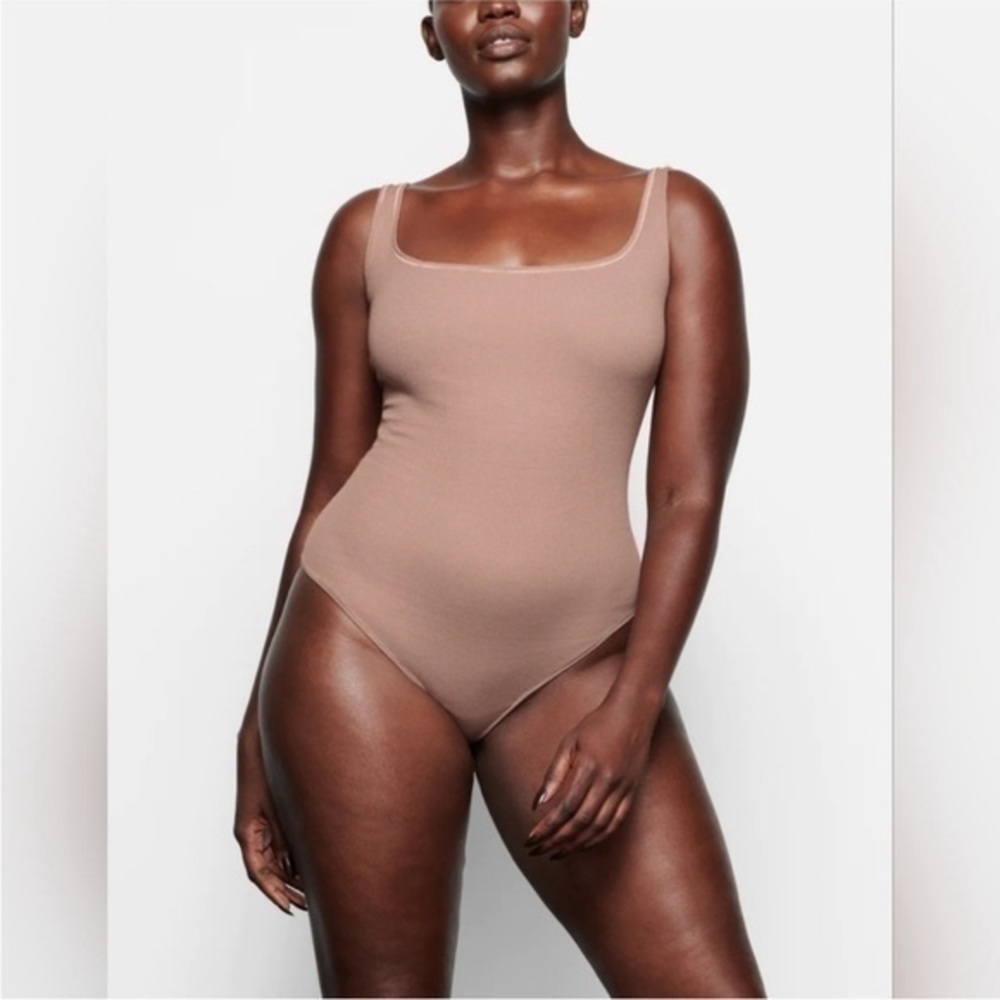 Skims Cotton Rib Bodysuit Square Neck Umber 3X Plus Size NWT